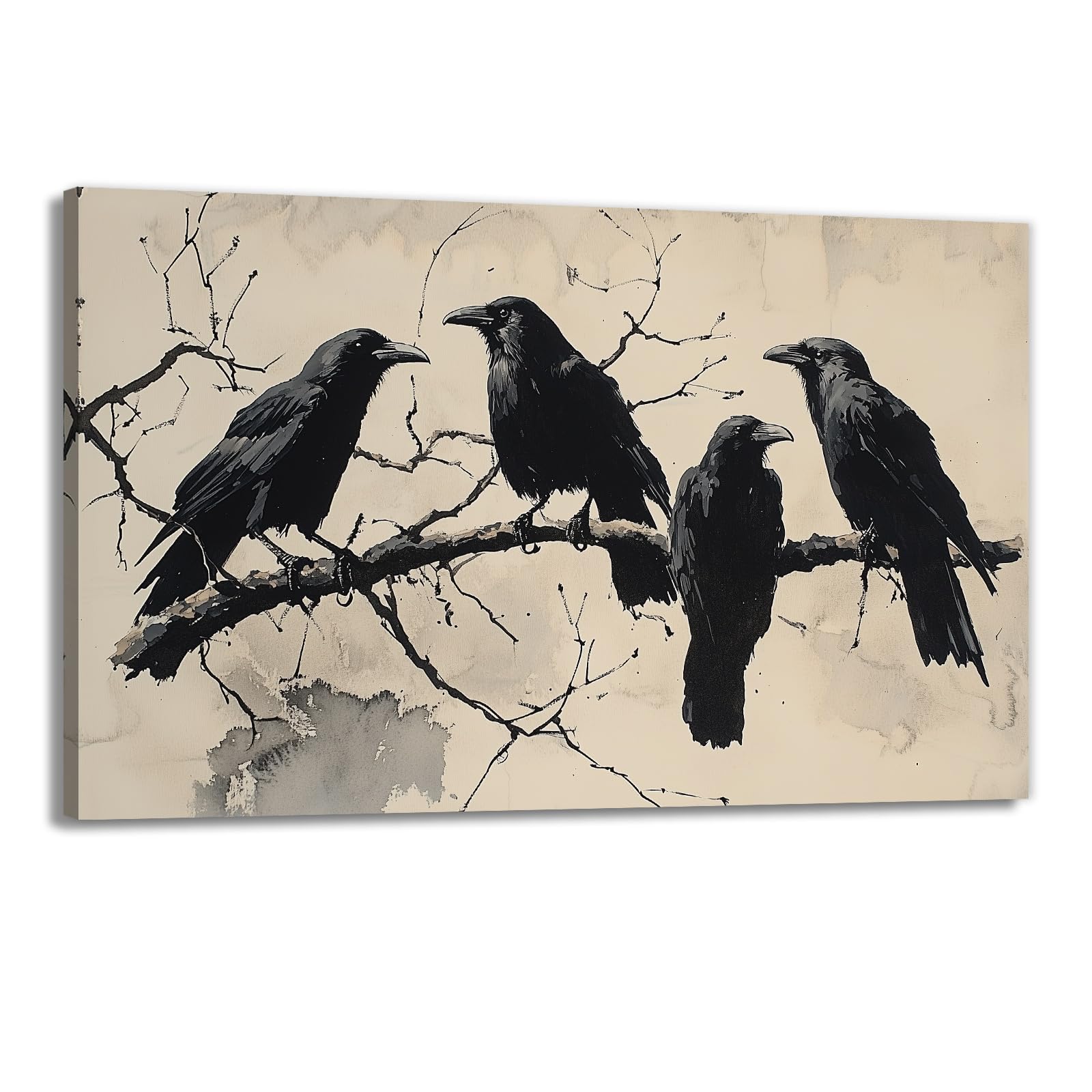 OAAPITI Crow Canvas Wall Art Black Crow Stand On The Branch Picture Print Moonlit Night Poster Vintage Forest Landscape Painting Artwork Living Room Halloween Decor(Artwork-1,16"x24")