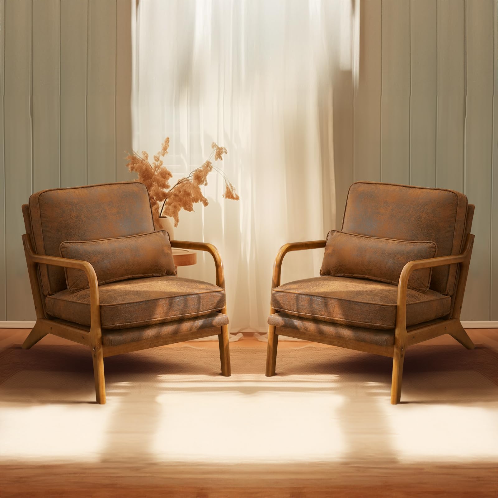 Bonnlo Set of 2 Beige Mid-Century Fabric Accent Chairs, Solid Wood Arm Lounge Chairs for Living Room Bedroom