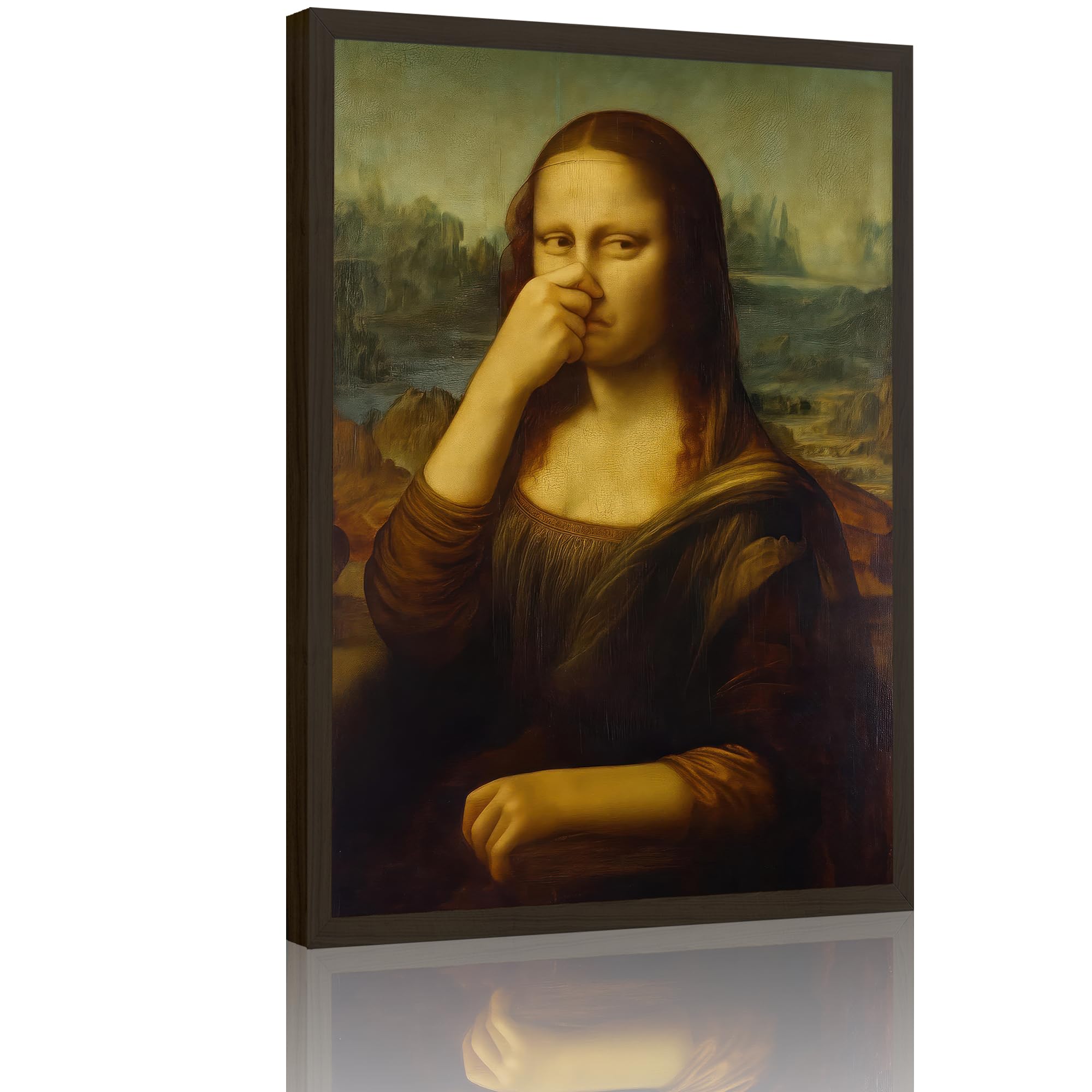 16"×24" Funny Pinching Nose Mona Lisa Canvas Wall Art, Vintage Humor Bathroom Decor Poster