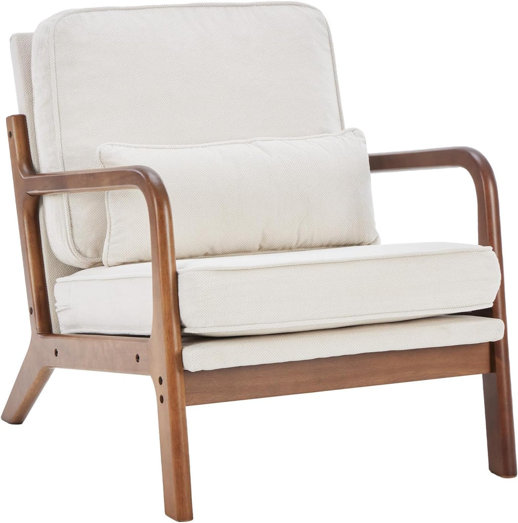 DUMOS Accent Chair Mid Century Modern Chair with Arms and Waist Cushion, Reading Chairs for Adults with Solid Frame, Lounge Side Sitting Armchair for Living Room, Bedroom, Balcony, Cream