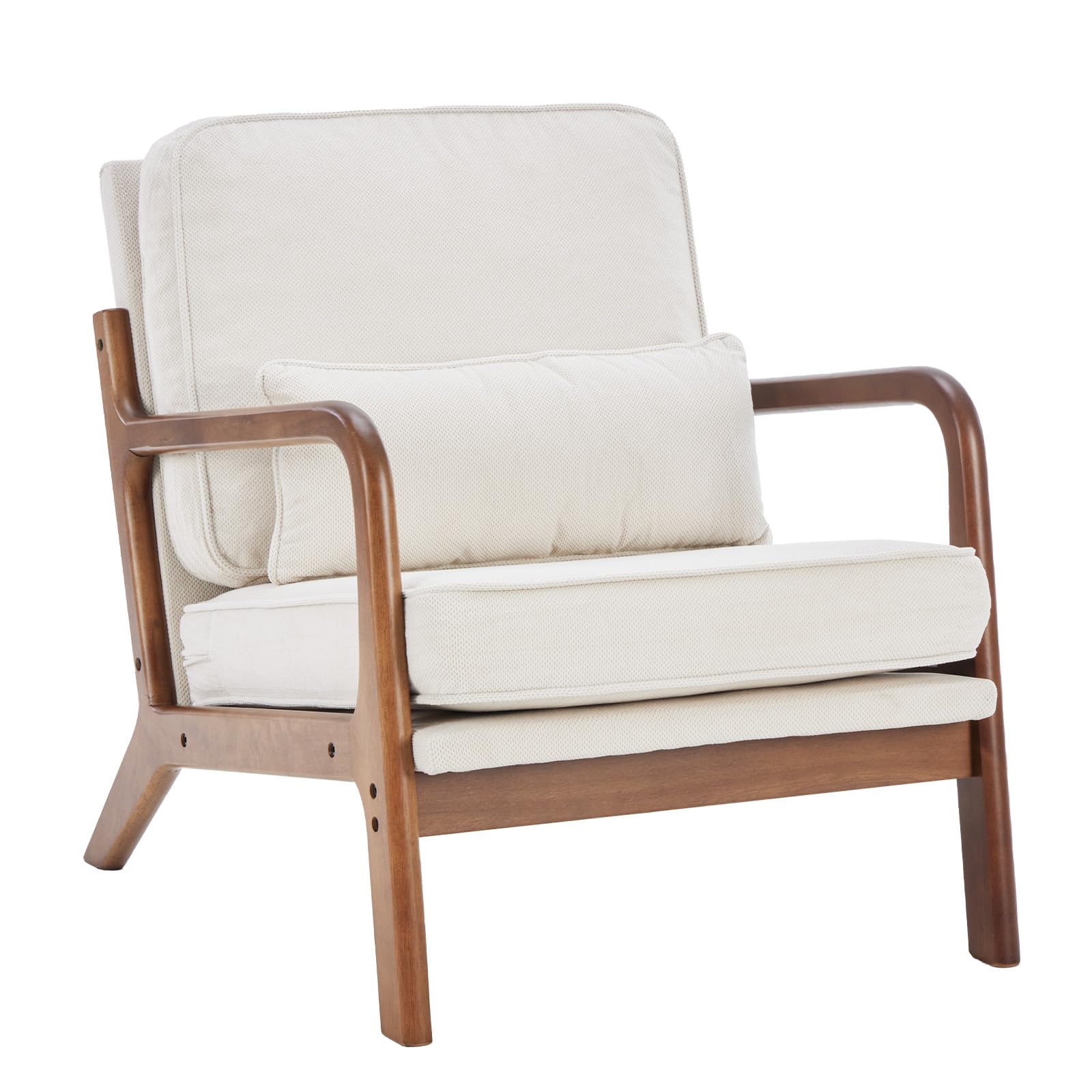 DUMOS Mid Century Modern Chair, Accent Chair with Arms and Waist Cushion, Reading Chairs for Adults, Lounge Chair for Living Room and Bedroom, Solid Wooden Frame, Ivory White