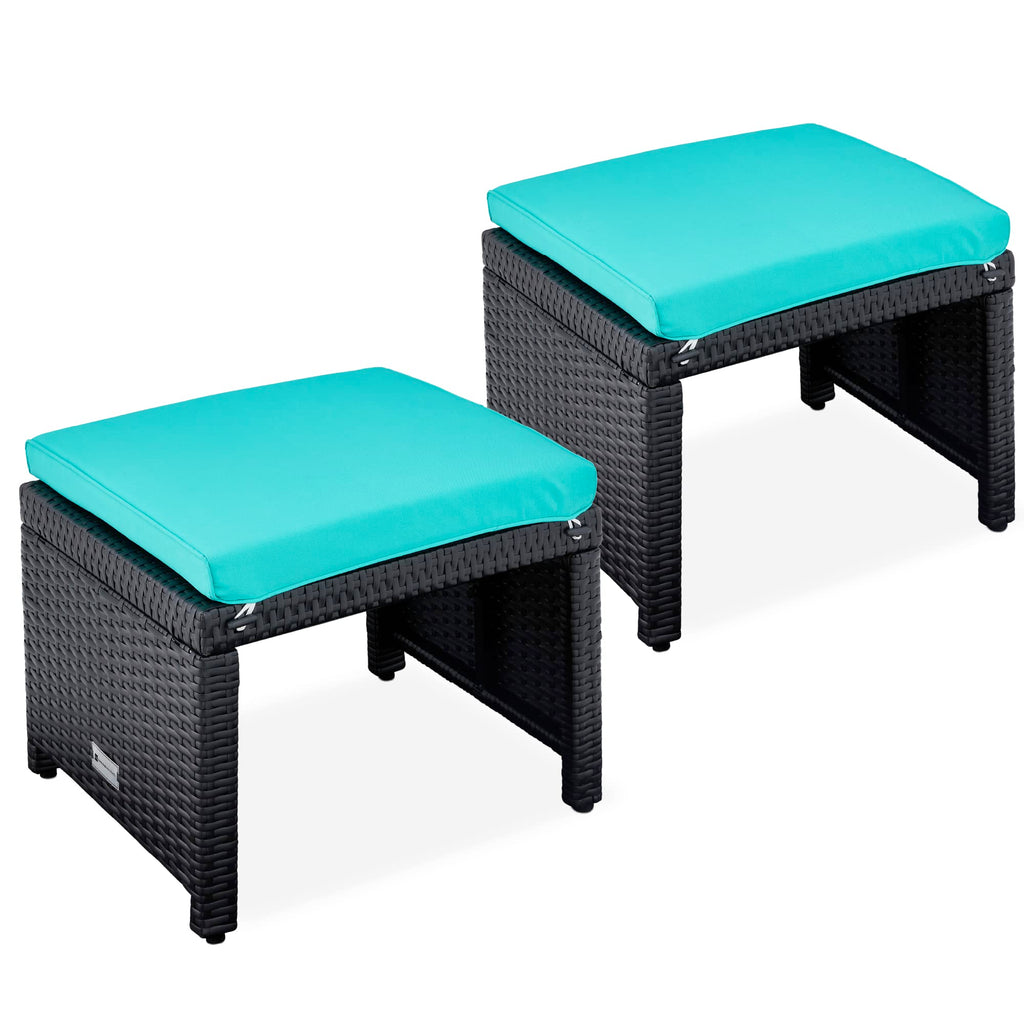 Best Choice Products Set of 2 Wicker Ottomans, Multipurpose Outdoor Furniture for Patio, Backyard, Additional Seating, Footrest, Side Table w/Removable Cushions, Steel Frame - Brown/Tan
