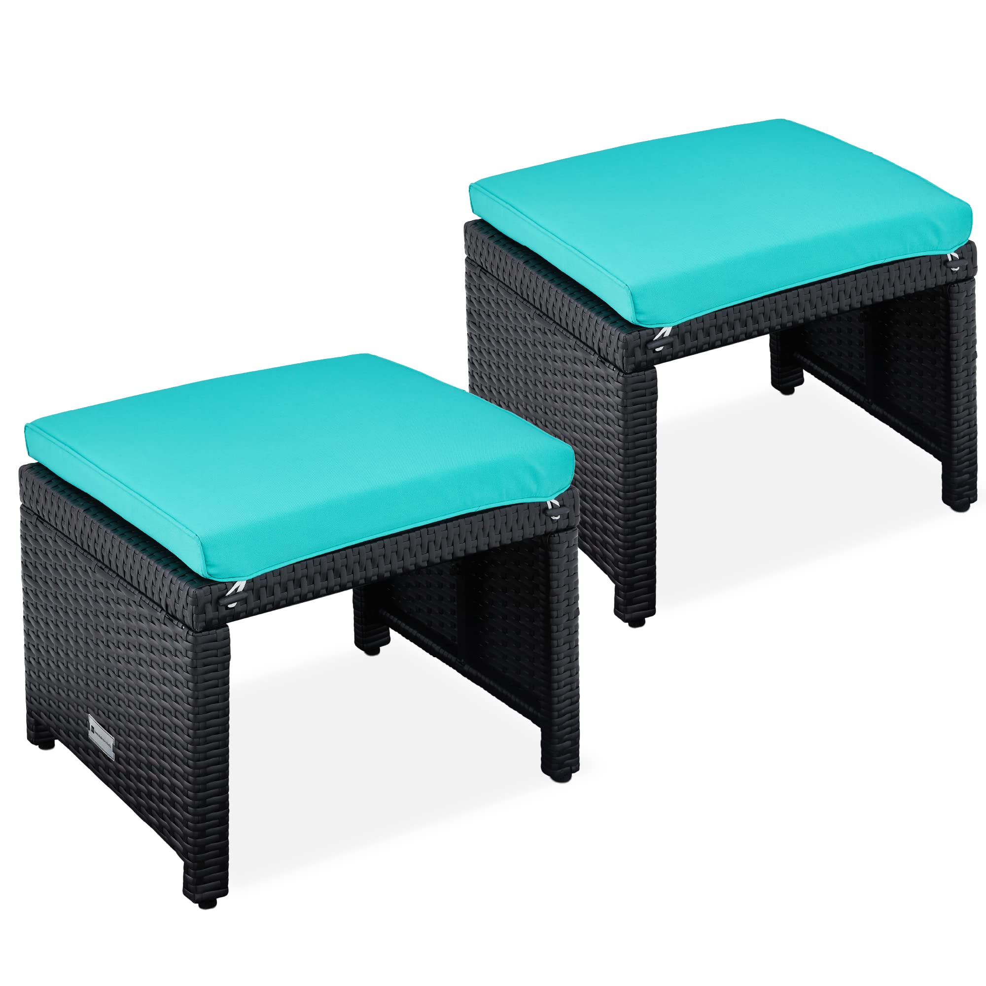 Best Choice Products Set of 2 Wicker Ottomans, Multipurpose Outdoor Furniture for Patio, Backyard, Additional Seating, Footrest, Side Table w/Removable Cushions, Steel Frame - Brown/Tan