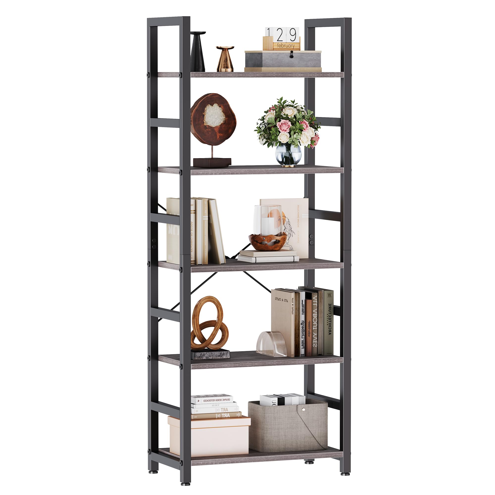 DUMOS 5-Tier Bookshelf, Modern Tall Bookcase, Open Storage Display Shelf for Living Room, Bedroom, Home Office, Narrow Standing Shelving Unit for Books, CDs, Décor，Modern Black