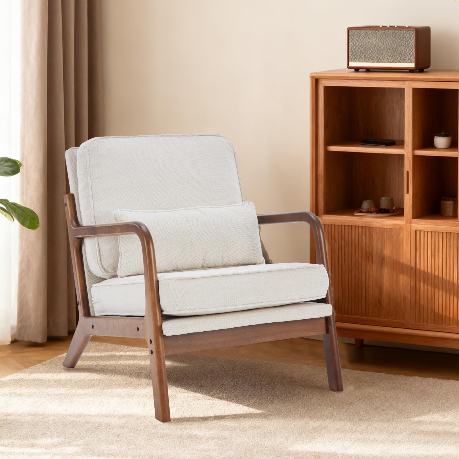 DUMOS Accent Chair Mid Century Modern Chair with Arms and Waist Cushion, Reading Chairs for Adults with Solid Frame, Lounge Side Sitting Armchair for Living Room, Bedroom, Balcony, Cream