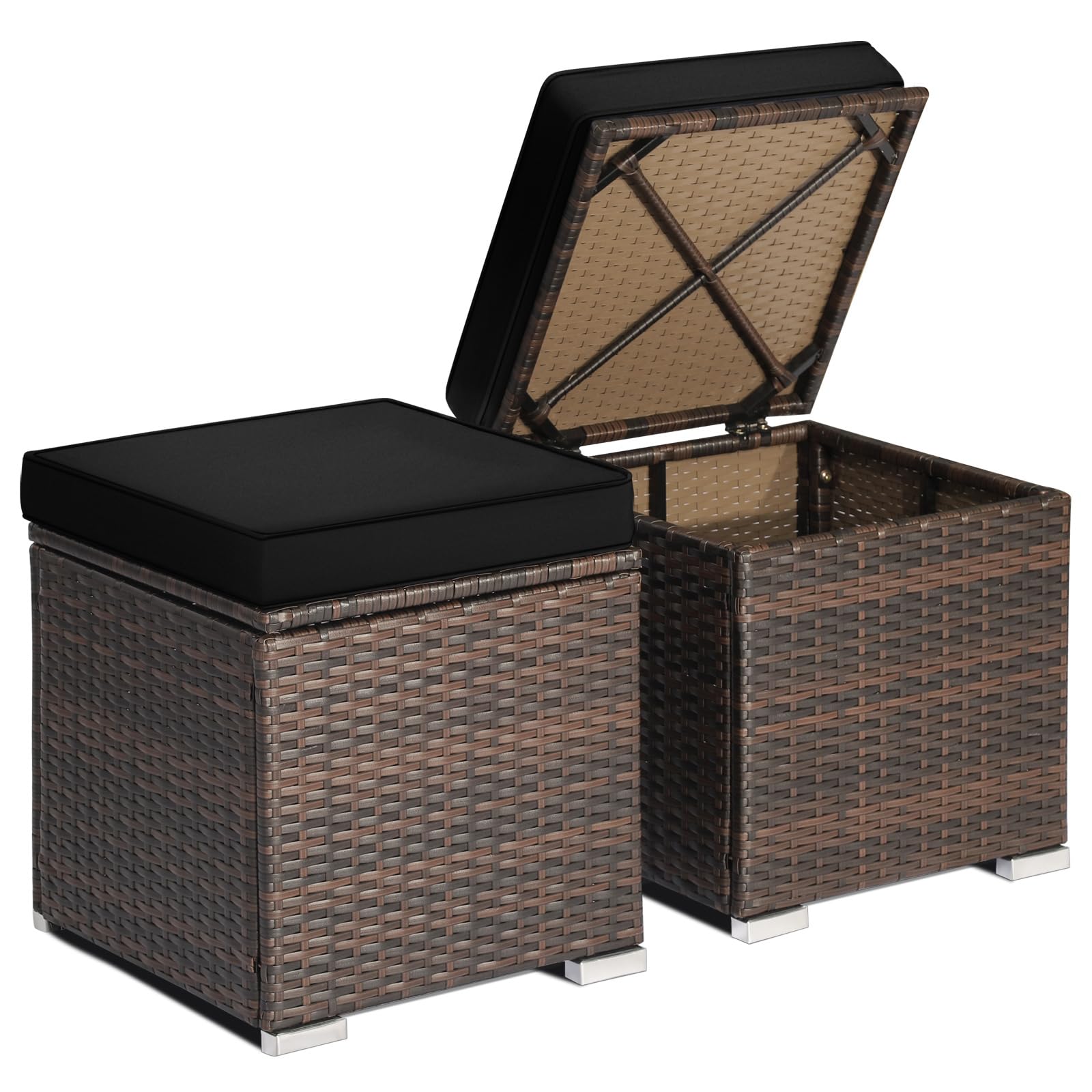 RELAX4LIFE Wicker Outdoor Storage Ottoman, 2-Piece Rattan Footstool w/Removable Cushion, Multipurpose Footrest Stool Side Table Additional Seating, Set of 2 Outdoor Ottomans for Patio Deck (Navy)