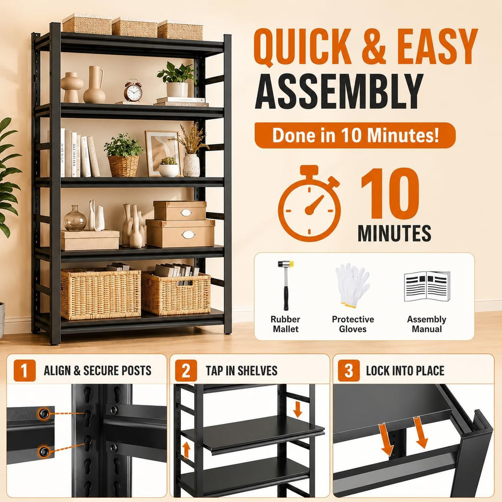 Bolt-Free 5 Tier Metal Bookshelf, 71"H Adjustable Tall Bookcase with Anti-Drop Fence, 1500LBS Heavy Duty Deep Book Shelf, Large Office Bookshelf, Modern Storage Shelves for Bedroom, LivingRoom, Garage