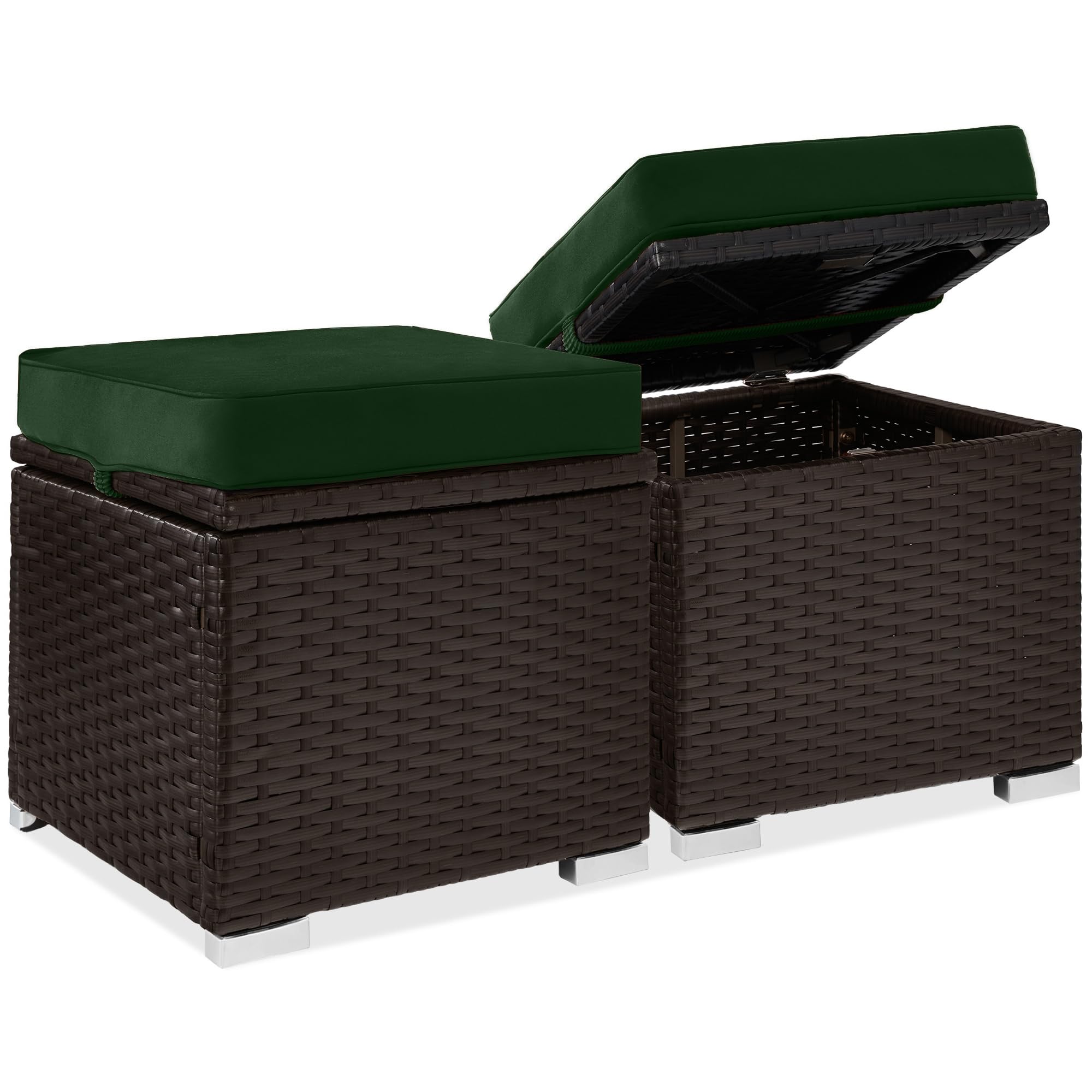 Best Choice Products Set of 2 Wicker Ottomans, Multipurpose Outdoor Furniture for Patio, Backyard, Additional Seating, Footrest, Side Table w/Storage, Removable Cushions - Brown/Beige