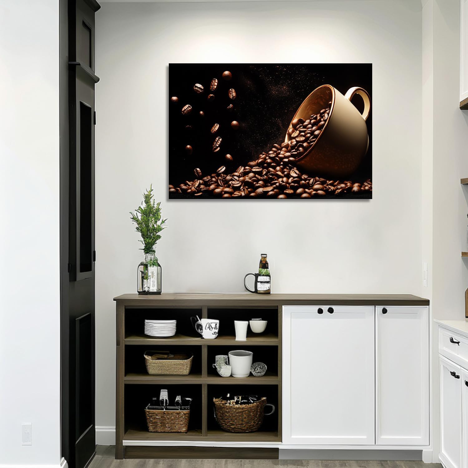 Coffee Canvas Art Kitchen Wall Decor Framed Brown Poster Coffee Bean Painting Vintage Artwork for Dining Room Bar Ready to Hang - 16.00"x24.00"
