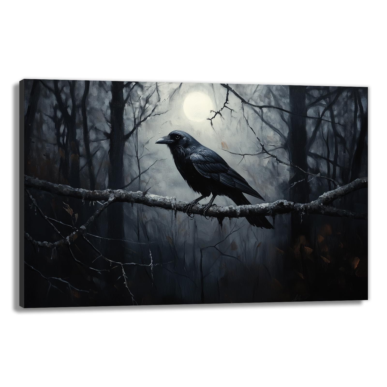 OAAPITI Crow Canvas Wall Art Black Crow Stand On The Branch Picture Print Moonlit Night Poster Vintage Forest Landscape Painting Artwork Living Room Halloween Decor(Artwork-1,16"x24")