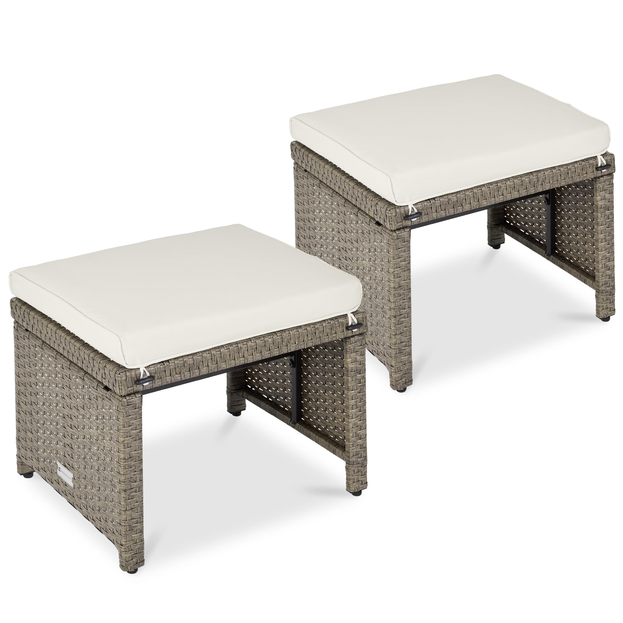Best Choice Products Set of 2 Wicker Ottomans, Multipurpose Outdoor Furniture for Patio, Backyard, Additional Seating, Footrest, Side Table w/Removable Cushions, Steel Frame - Brown/Tan