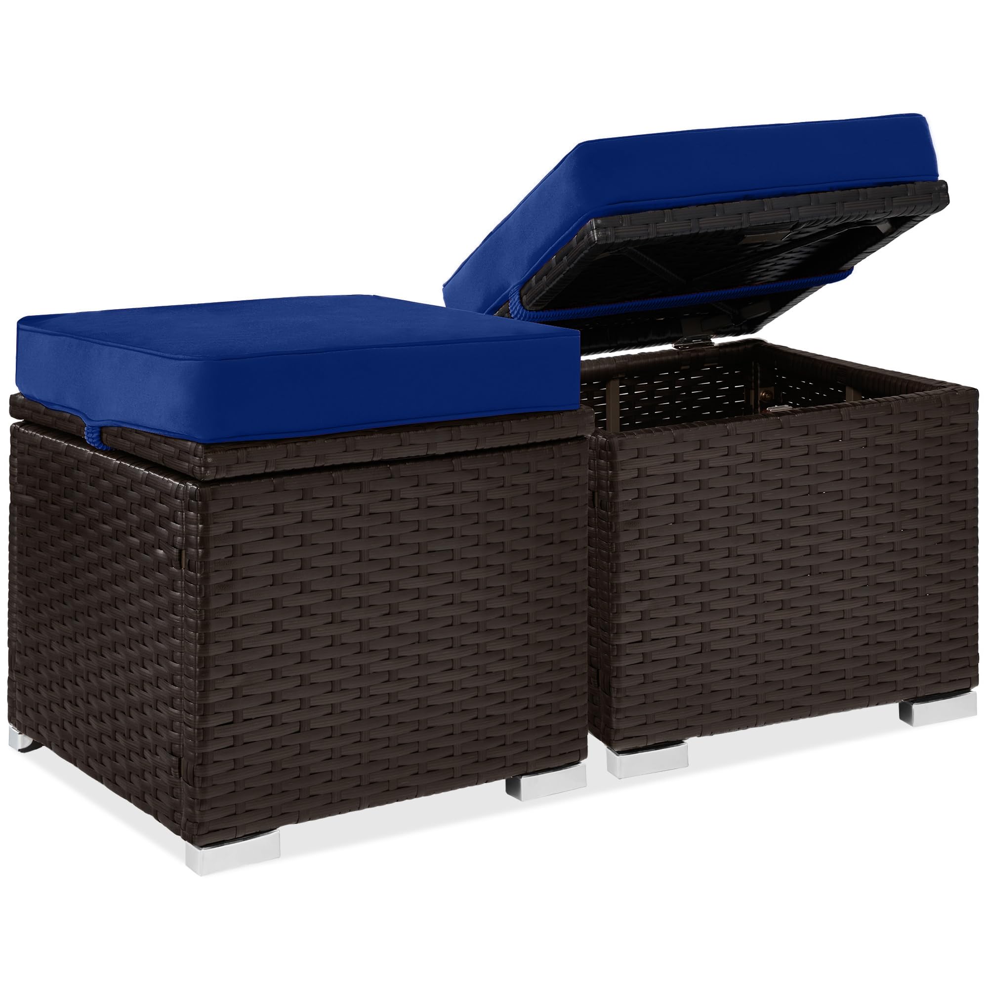 Best Choice Products Set of 2 Wicker Ottomans, Multipurpose Outdoor Furniture for Patio, Backyard, Additional Seating, Footrest, Side Table w/Storage, Removable Cushions - Brown/Beige
