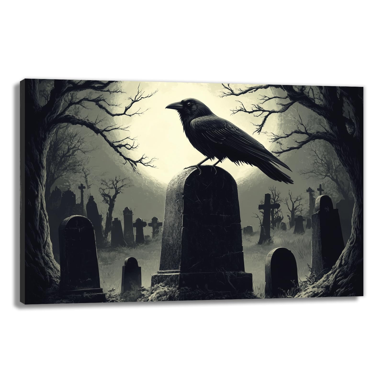 OAAPITI Crow Canvas Wall Art Black Crow Stand On The Branch Picture Print Moonlit Night Poster Vintage Forest Landscape Painting Artwork Living Room Halloween Decor(Artwork-1,16"x24")