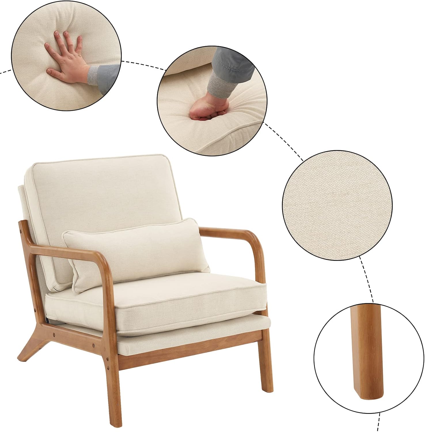 Bonnlo Set of 2 Beige Mid-Century Fabric Accent Chairs, Solid Wood Arm Lounge Chairs for Living Room Bedroom