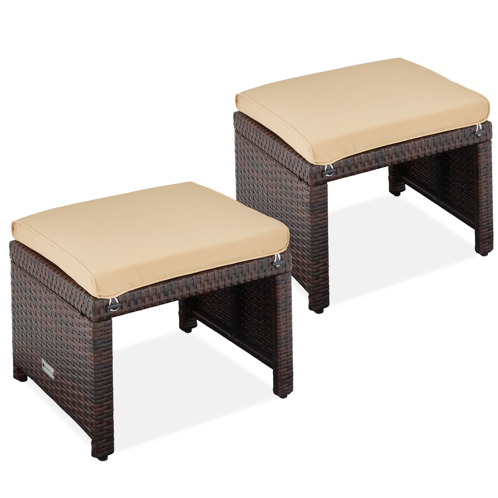Best Choice Products Set of 2 Wicker Ottomans, Multipurpose Outdoor Furniture for Patio, Backyard, Additional Seating, Footrest, Side Table w/Removable Cushions, Steel Frame - Brown/Tan