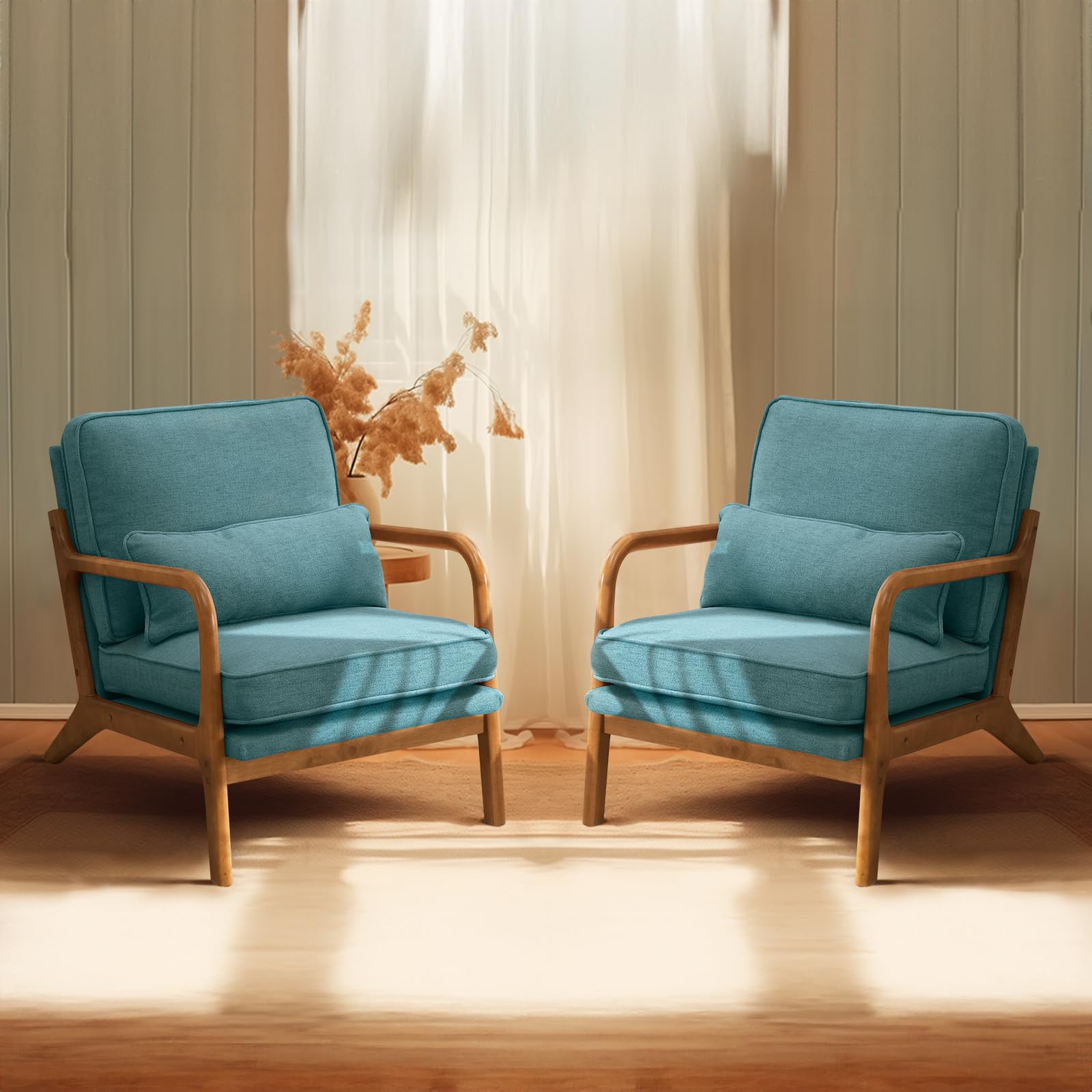 Bonnlo Set of 2 Beige Mid-Century Fabric Accent Chairs, Solid Wood Arm Lounge Chairs for Living Room Bedroom