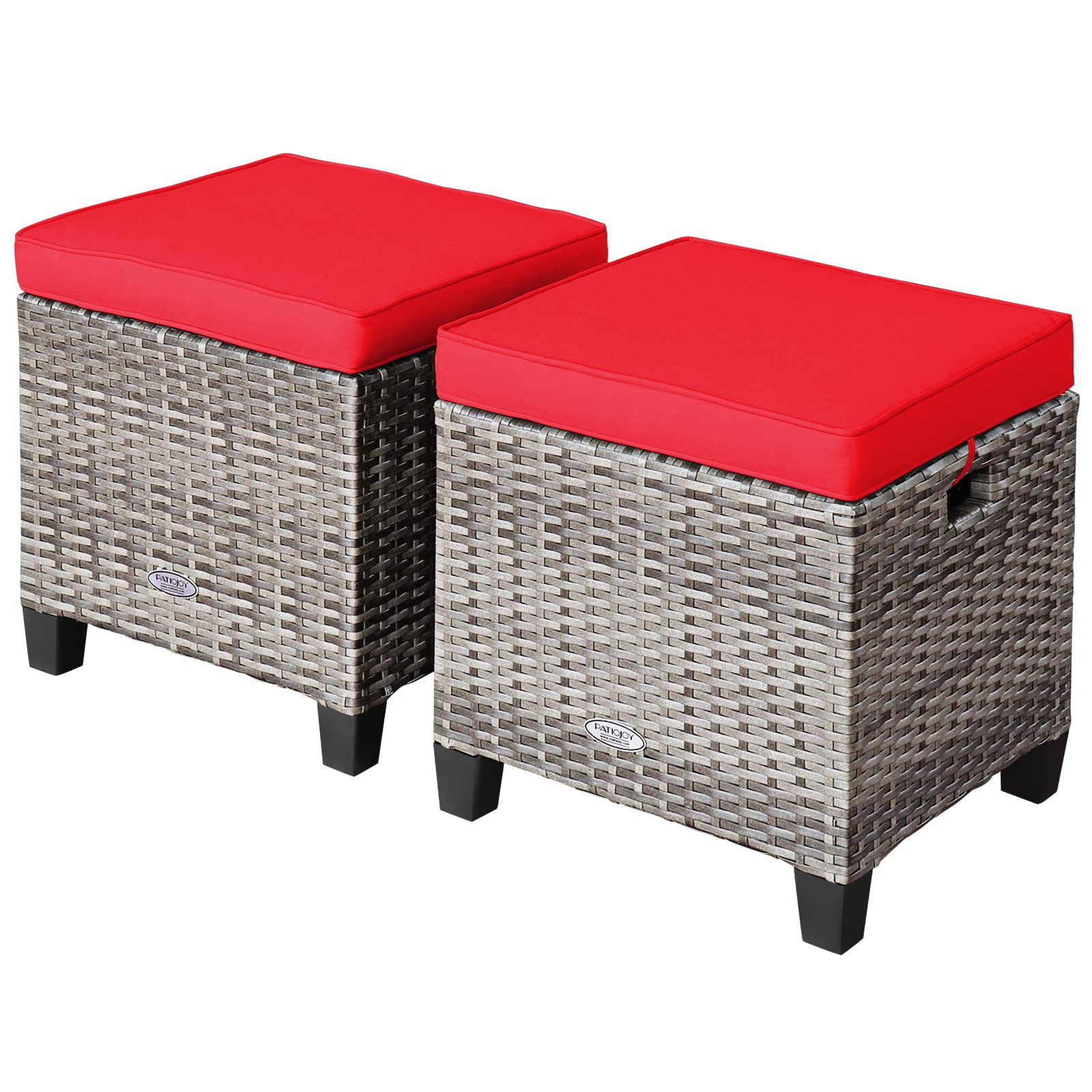 RELAX4LIFE 2-Piece Patio Ottoman Set - Wicker Footstools, All Weather PE Rattan Ottoman with Removable Cushions, Square Footrest Seat, Outdoor Stools for Garden, Porch, Pouf Ottoman (Brown)