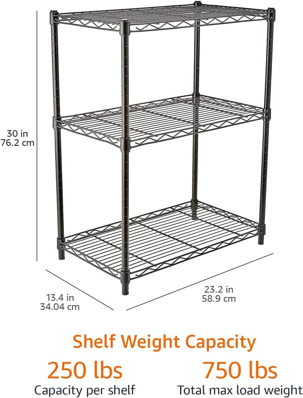 Amazon Basics 3-Shelf Adjustable Heavy Duty Steel Wire Rack Storage Shelving Organizer with Storage Space, Versatility and Ease of Use for Kitchen, Garage, 23.2" L x 13.4" W x 30" H, Black