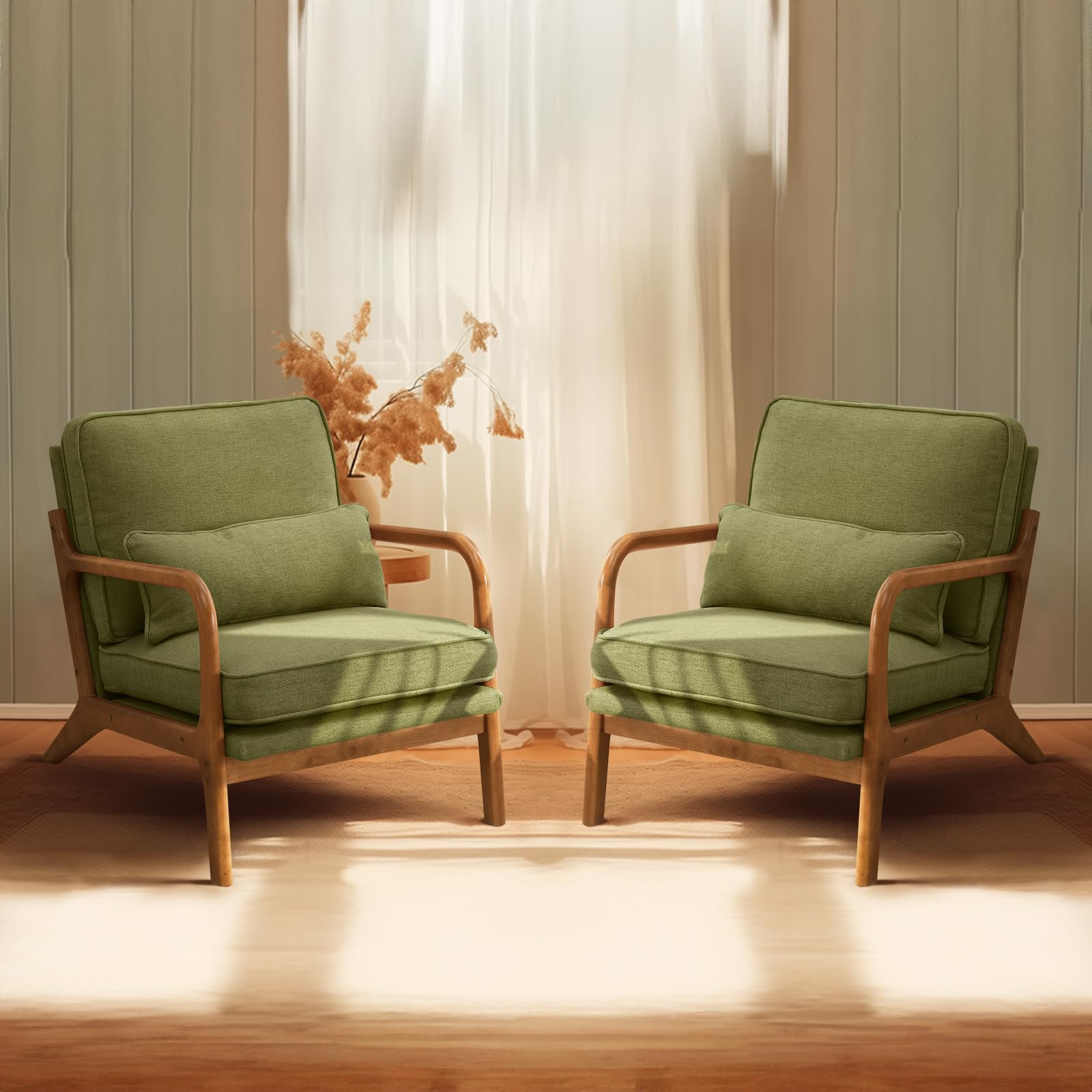 Bonnlo Set of 2 Beige Mid-Century Fabric Accent Chairs, Solid Wood Arm Lounge Chairs for Living Room Bedroom