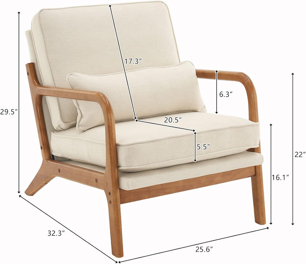 Bonnlo Set of 2 Beige Mid-Century Fabric Accent Chairs, Solid Wood Arm Lounge Chairs for Living Room Bedroom