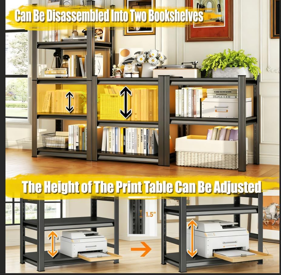 5-Tier Metal Bookshelf,Tall Book Shelf & Tall Printer Stand,36" W x 71" H Industrial Heavy Duty Metal Bookcase for Office, Home, Living Room - Adjustable Storage Rack, Easy Assembly, Black