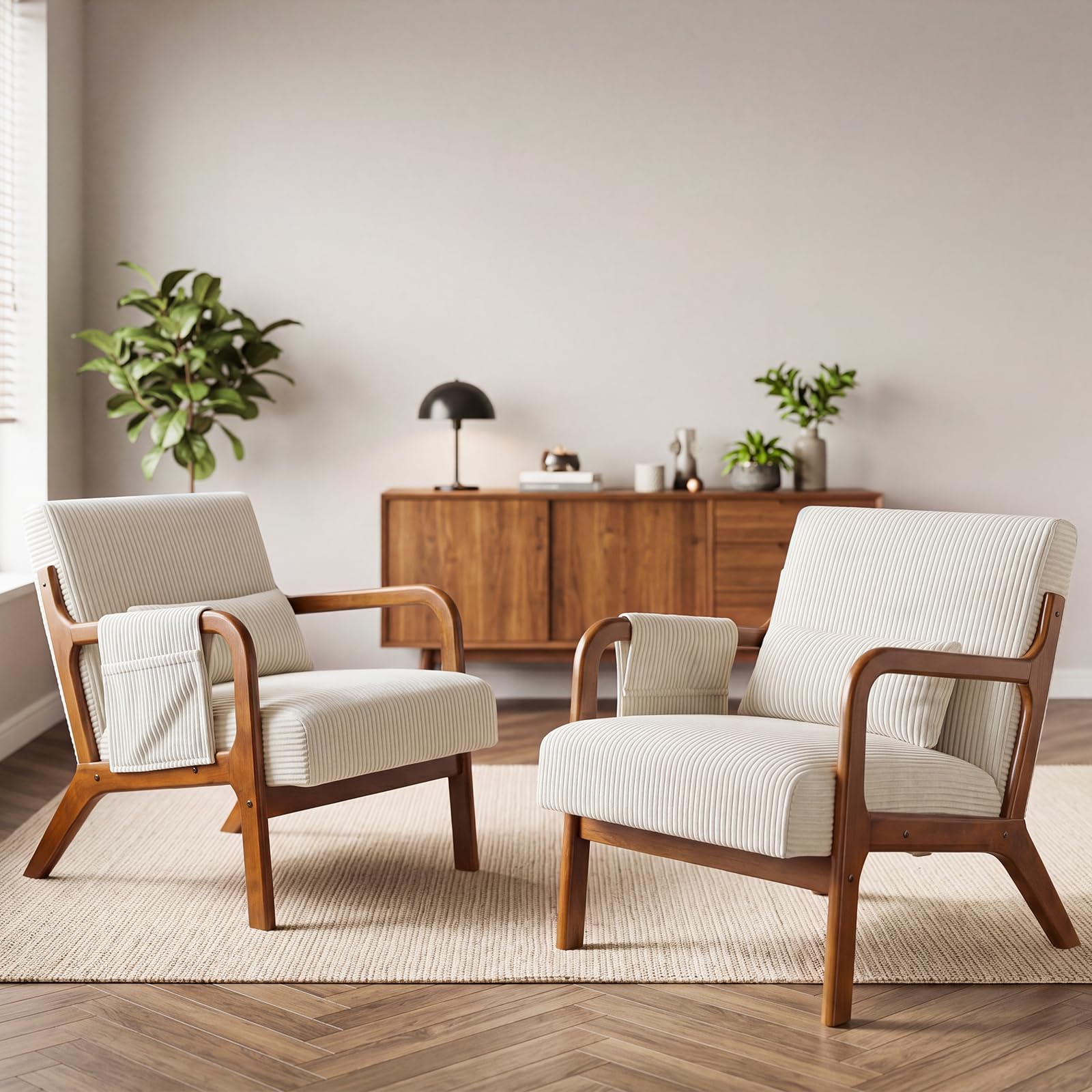 DUMOS Mid Century Modern Accent Chair, Upholstered Armchair with Lumbar Pillow and Solid Wood Frame, Comfy Reading Chair for Small Living Room, Bedroom, Guest Room, Beige