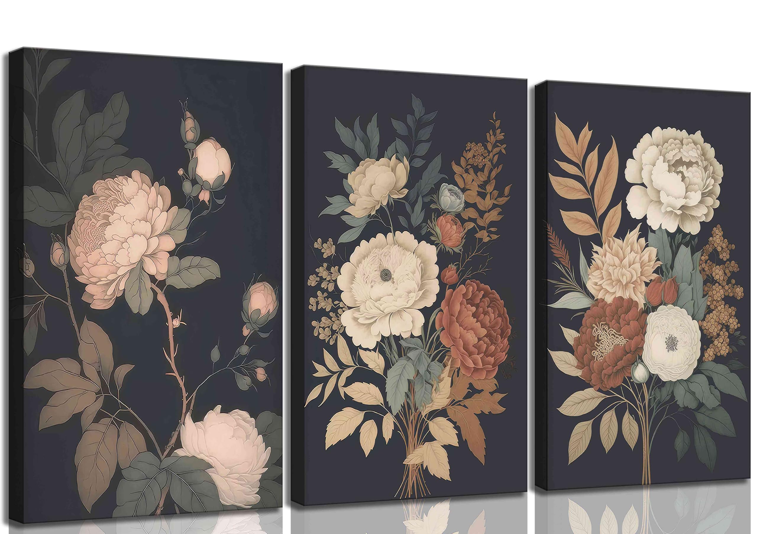 3Pcs Framed Vintage Peony Flower Still Life Canvas Wall art Rustic Dark Floral Plant Painting Picture Farmhouse Wall Decor Posters Print Artwork for Women's Room Living Room Bedroom Home Decoration