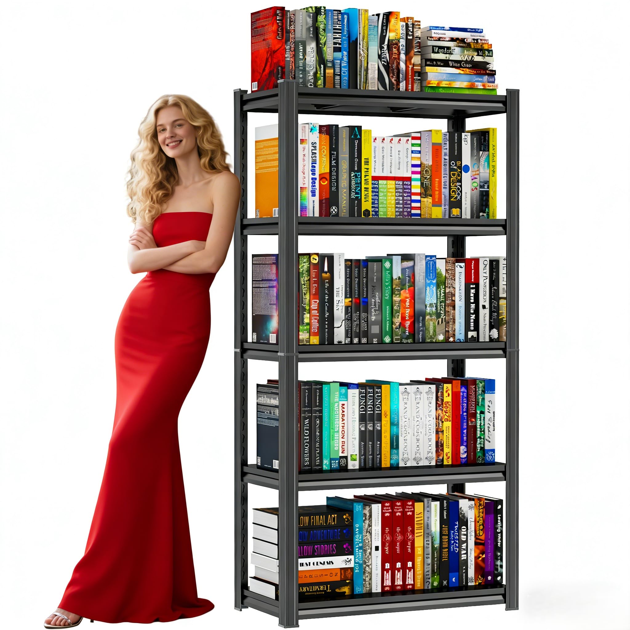 Bolt-Free 5 Tier Metal Bookshelf, 71"H Adjustable Tall Bookcase with Anti-Drop Fence, 1500LBS Heavy Duty Deep Book Shelf, Large Office Bookshelf, Modern Storage Shelves for Bedroom, LivingRoom, Garage