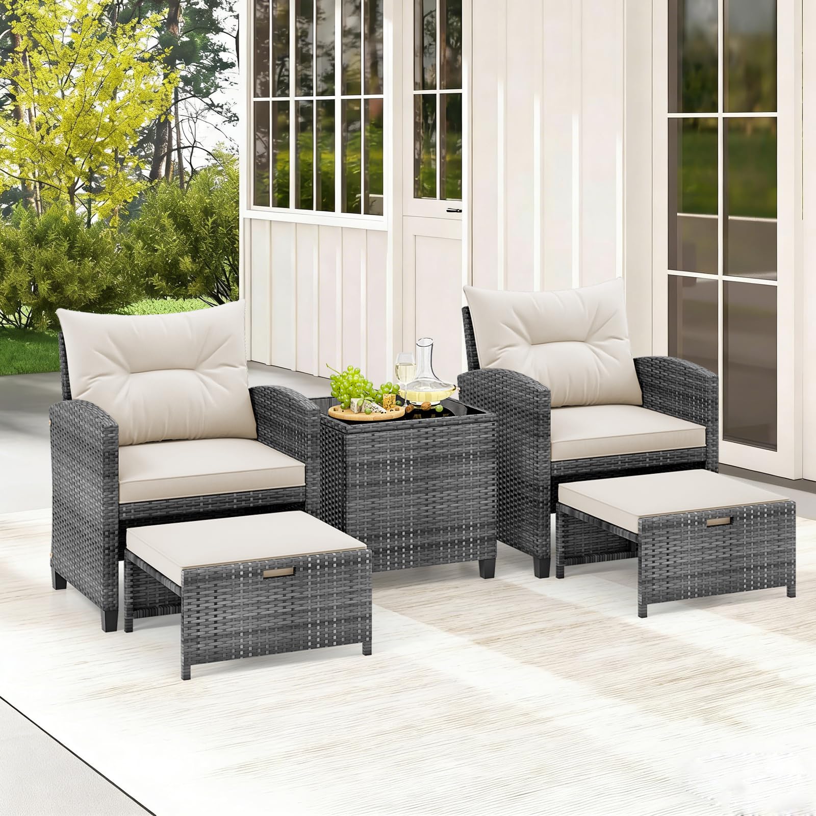 COSTWAY 5-Piece Rattan Conversation Set, Outdoor Wicker Sofa, Tempered Glass Coffee Table & Ottomans for Small Space, Boho Chic Indoor/Outdoor Furniture Set for Poolside, Backyard, Deck (Navy)