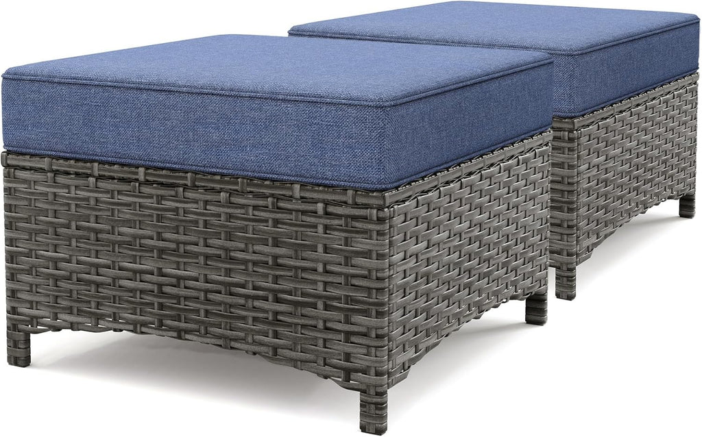 2PCS Outdoor Patio Ottomans, All-Weather PE Wicker Footrest with Comfortable 3.5" Cushions, Anti-Rust Metal Frame for Garden, Porch, Backyard, Deck, Gray Line Collection (Blue)
