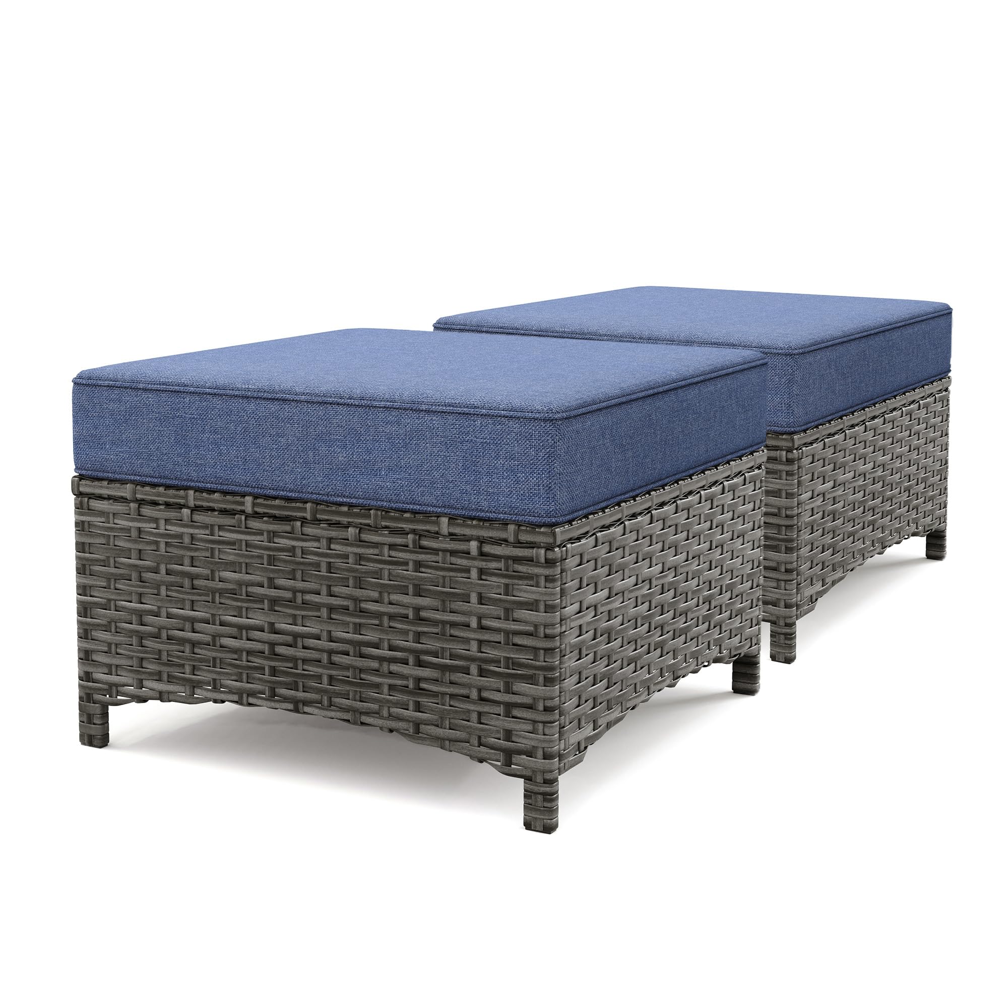 2PCS Outdoor Patio Ottomans, All-Weather PE Wicker Footrest with Comfortable 3.5" Cushions, Anti-Rust Metal Frame for Garden, Porch, Backyard, Deck, Gray Line Collection (Blue)