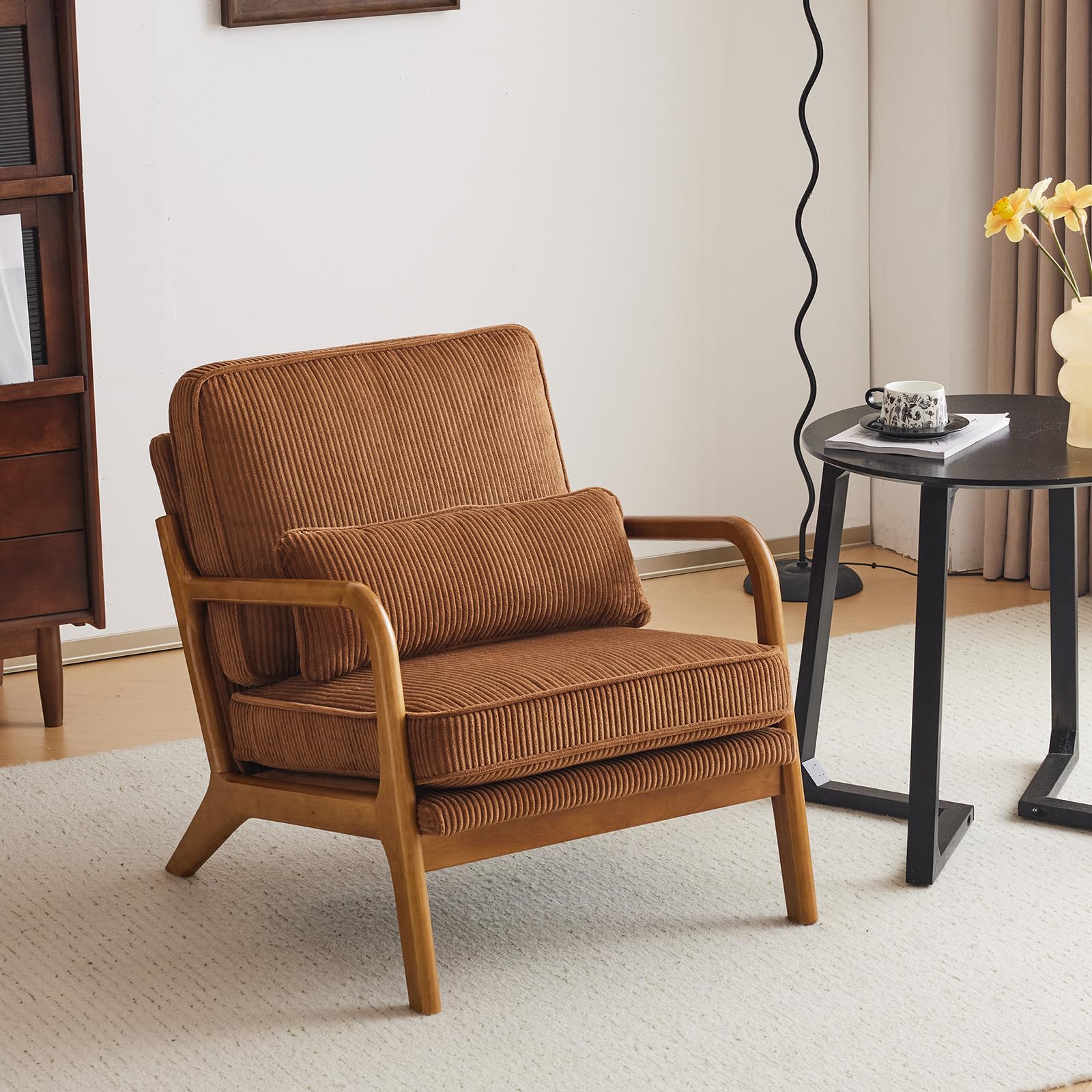 Karl home Accent Chair Mid-Century Modern Chair with Pillow Linen Fabric Upholstered Lounge Arm Chair with Solid Wood Frame & Soft Cushion for Living Room, Bedroom, Balcony, Beige