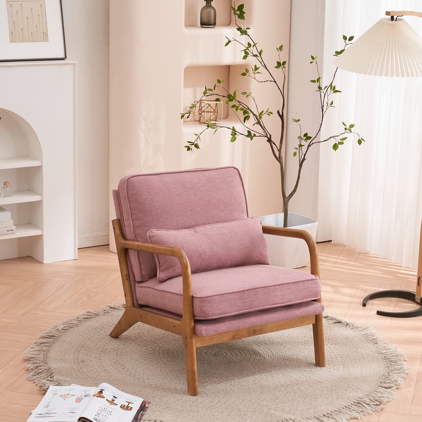 Bonnlo Set of 2 Beige Mid-Century Fabric Accent Chairs, Solid Wood Arm Lounge Chairs for Living Room Bedroom