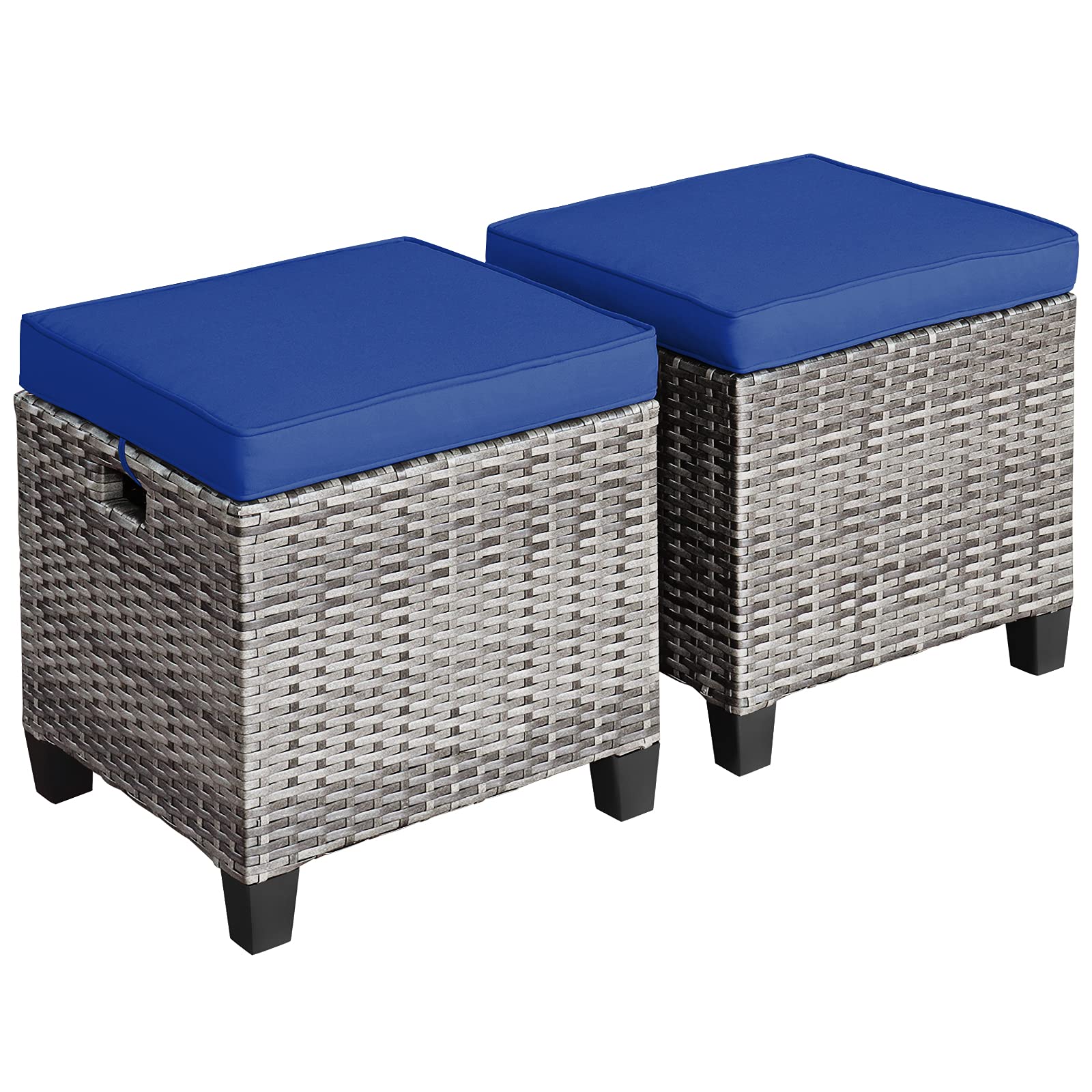 Tangkula 2 Pieces Outdoor Patio Ottoman, All Weather Rattan Wicker Ottoman Seat, Patio Rattan Furniture, Outdoor Footstool Footrest Seat w/Removable Cushions