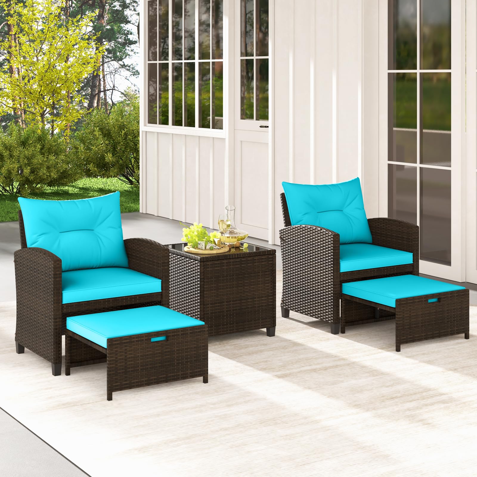 COSTWAY 5-Piece Rattan Conversation Set, Outdoor Wicker Sofa, Tempered Glass Coffee Table & Ottomans for Small Space, Boho Chic Indoor/Outdoor Furniture Set for Poolside, Backyard, Deck (Navy)