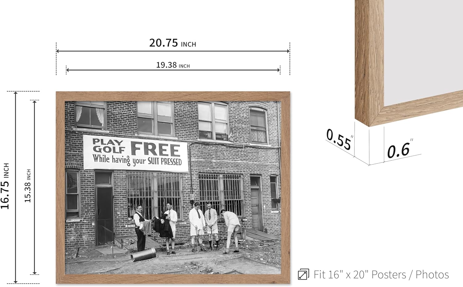 Poster Master Vintage Photograph Poster - Retro Funny Print - Gift for Artist, Friend - Play Golf Free, While Having Your Suit Pressed, Men - Wall Decor for Home, Office, 16x20 Beige Framed