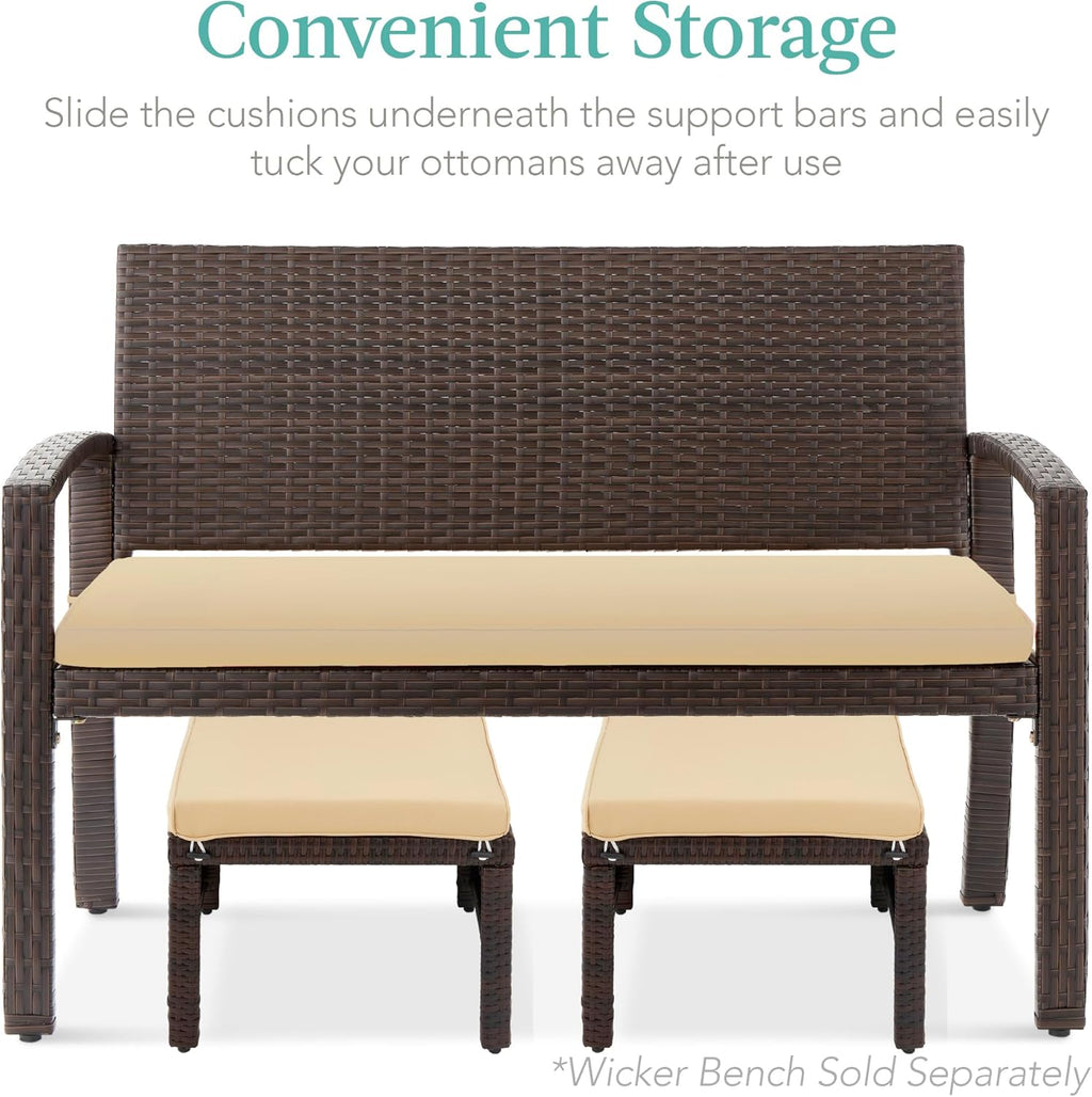 Best Choice Products Set of 2 Wicker Ottomans, Multipurpose Outdoor Furniture for Patio, Backyard, Additional Seating, Footrest, Side Table w/Removable Cushions, Steel Frame - Brown/Tan