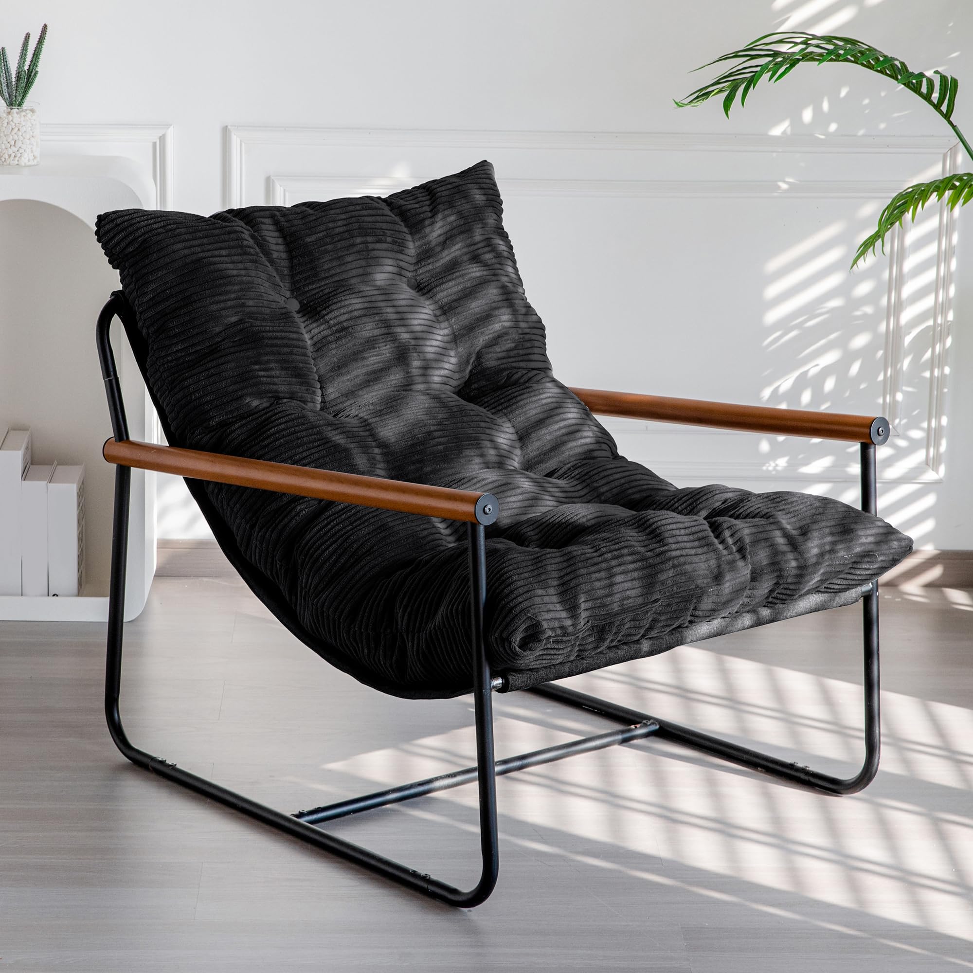 MAXYOYO Modern Accent Chair, Comfy Living Room Chair with Metal Frame Wooden Armrest, Upholstered Armchair with Soft Cushion for Bedroom Balcony Lounge Reading Room, Beige