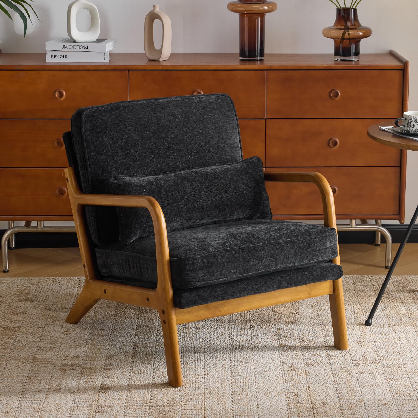Karl home Accent Chair Mid-Century Modern Chair with Pillow Linen Fabric Upholstered Lounge Arm Chair with Solid Wood Frame & Soft Cushion for Living Room, Bedroom, Balcony, Beige