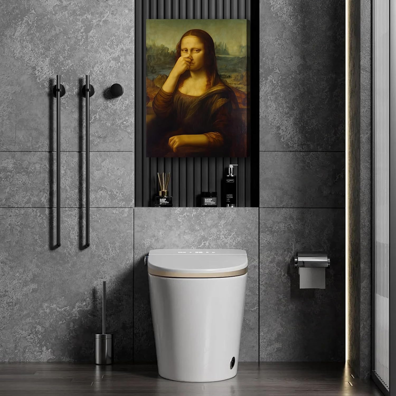 16"×24" Funny Pinching Nose Mona Lisa Canvas Wall Art, Vintage Humor Bathroom Decor Poster