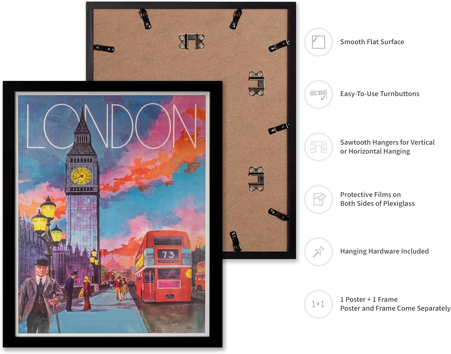 Poster Master Vintage Travel Poster - Retro London Print - Clock Tower Art - Gift for Him, Her, Travel Lover - Colorful Wall Decor for Bedroom, Living Room, Office, 8x10 Black Framed