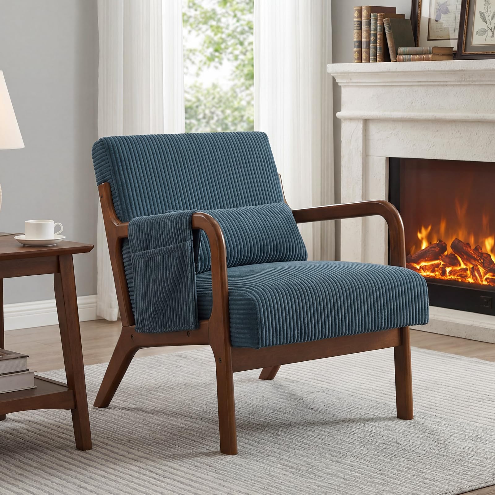 DUMOS Mid Century Modern Accent Chair, Upholstered Armchair with Lumbar Pillow and Solid Wood Frame, Comfy Reading Chair for Small Living Room, Bedroom, Guest Room, Beige