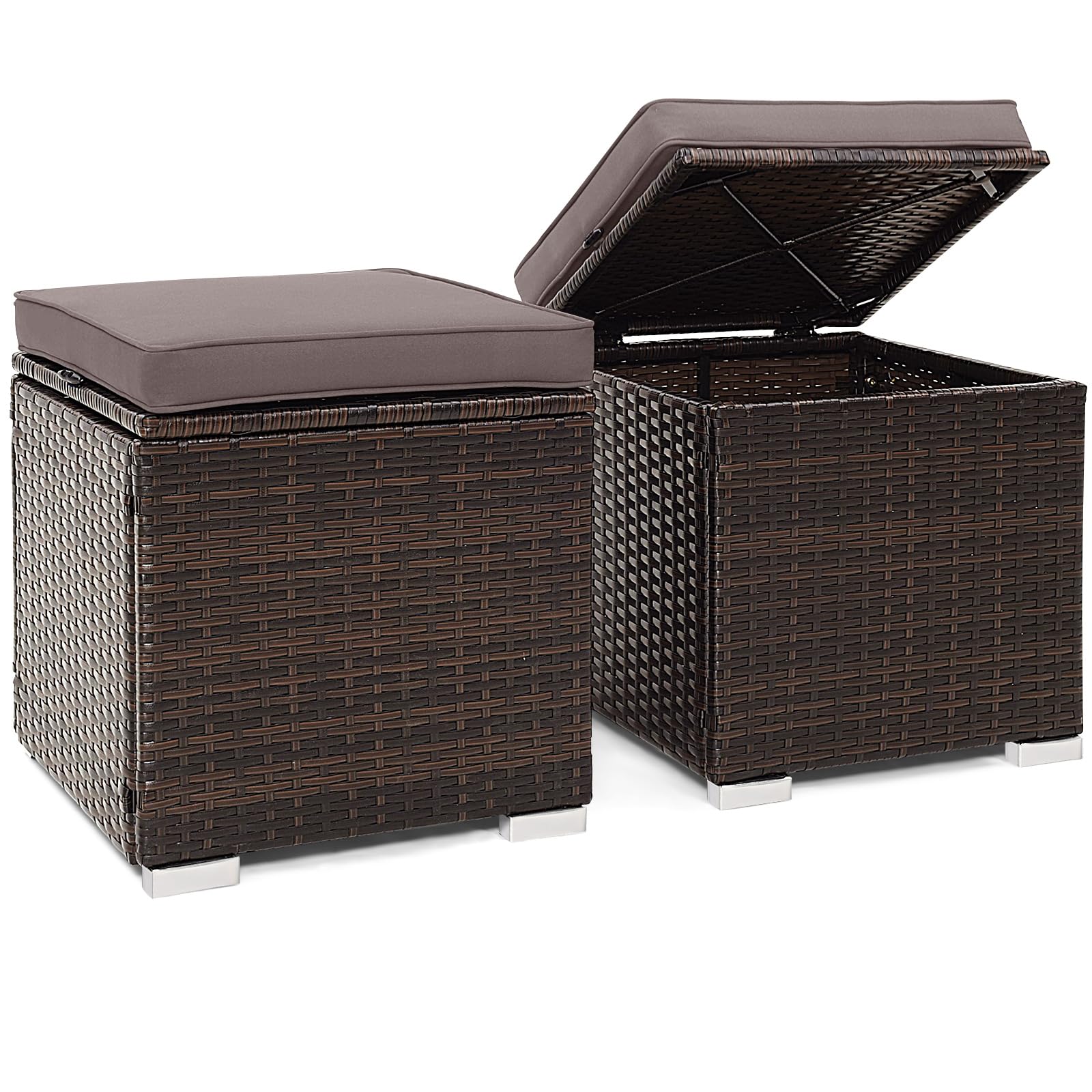 Tangkula 2 Pieces Outdoor Patio Ottoman, All Weather Rattan Wicker Ottoman Seat, Patio Rattan Furniture, Outdoor Footstool Footrest Seat w/Removable Cushions