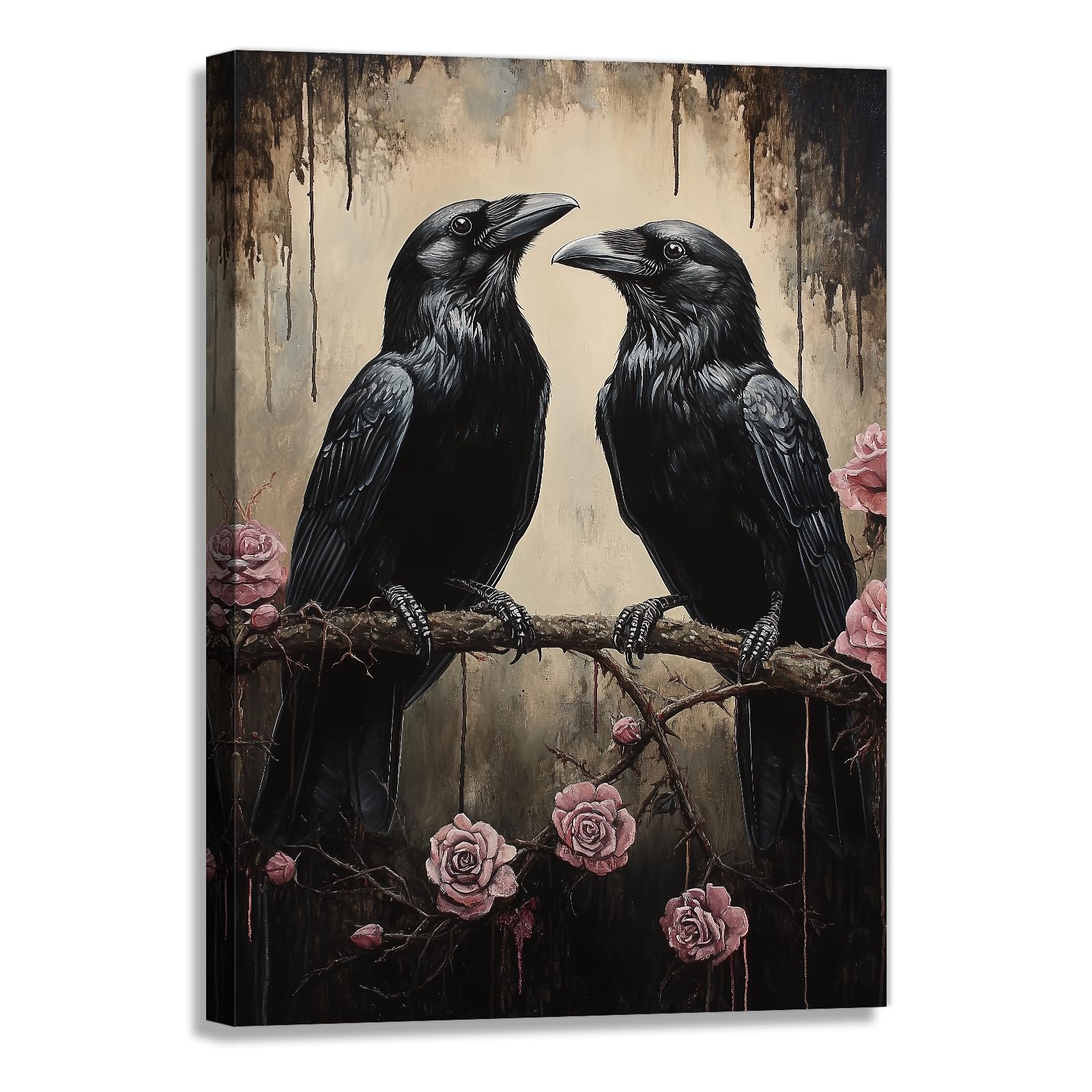 OAAPITI Crow Canvas Wall Art Black Crow Stand On The Branch Picture Print Moonlit Night Poster Vintage Forest Landscape Painting Artwork Living Room Halloween Decor(Artwork-1,16"x24")