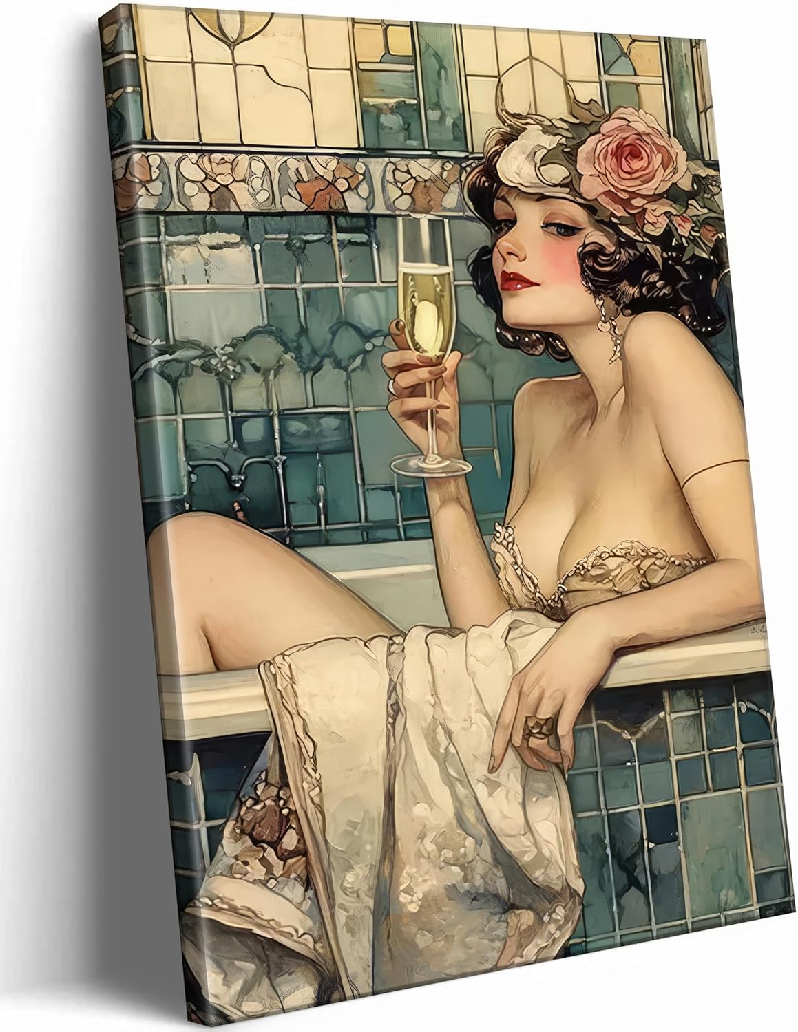 WWN Vintage Bathroom Canvas Wall Art Victorian Funky Woman in Bathtub Picture Wall Decor Trendy Champagne Bar Cart Decor Painting Poster Print for Bathroom Toilet Bar Home Decor,16x24in Wrapped Canvas