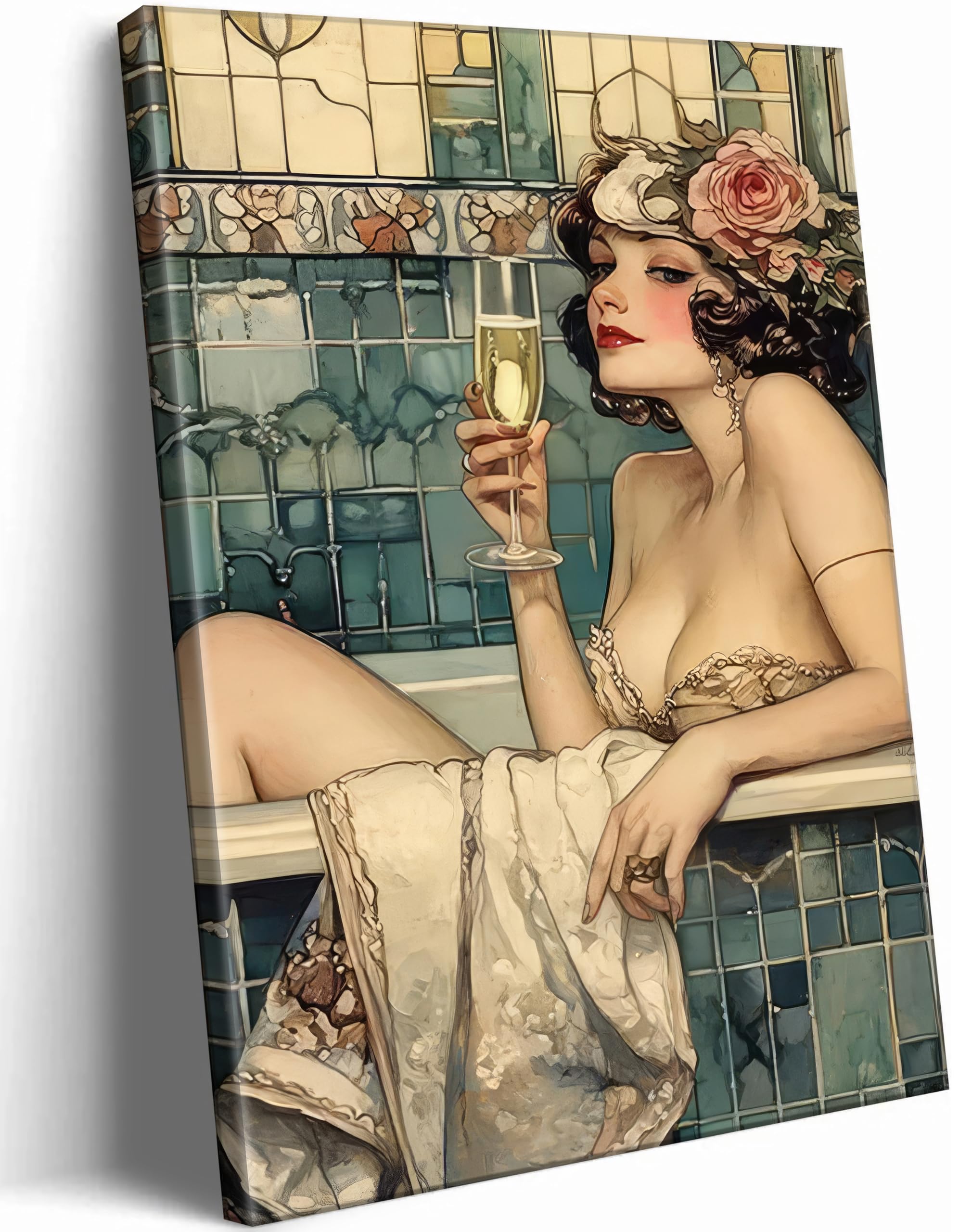 WWN Vintage Bathroom Canvas Wall Art Victorian Funky Woman in Bathtub Picture Wall Decor Trendy Champagne Bar Cart Decor Painting Poster Print for Bathroom Toilet Bar Home Decor,16x24in Wrapped Canvas