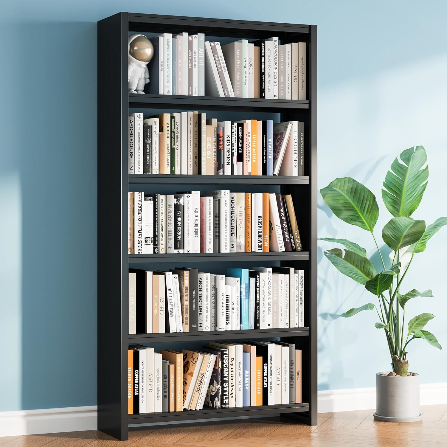 69" Black 5-Tier Heavy-Duty Industrial Metal Bookshelf, Wide Storage Display Shelving for Home & Office