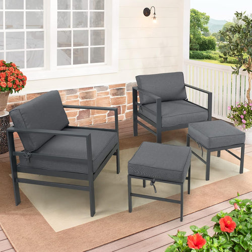 2 Pieces Outdoor Ottomans for Patio, No-Assembly Aluminum Outdoor Patio Footstool with Gray Cushions, Small Aluminum Patio Seat for Porch Yard Garden Deck, Grey Frame