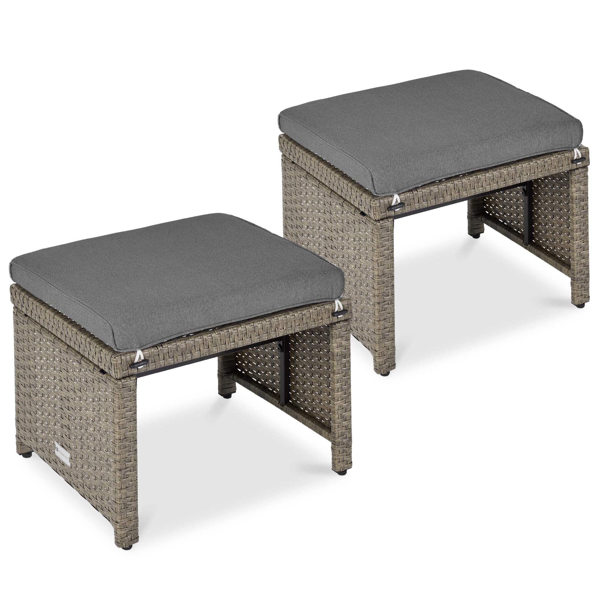 Best Choice Products Set of 2 Wicker Ottomans, Multipurpose Outdoor Furniture for Patio, Backyard, Additional Seating, Footrest, Side Table w/Removable Cushions, Steel Frame - Brown/Tan