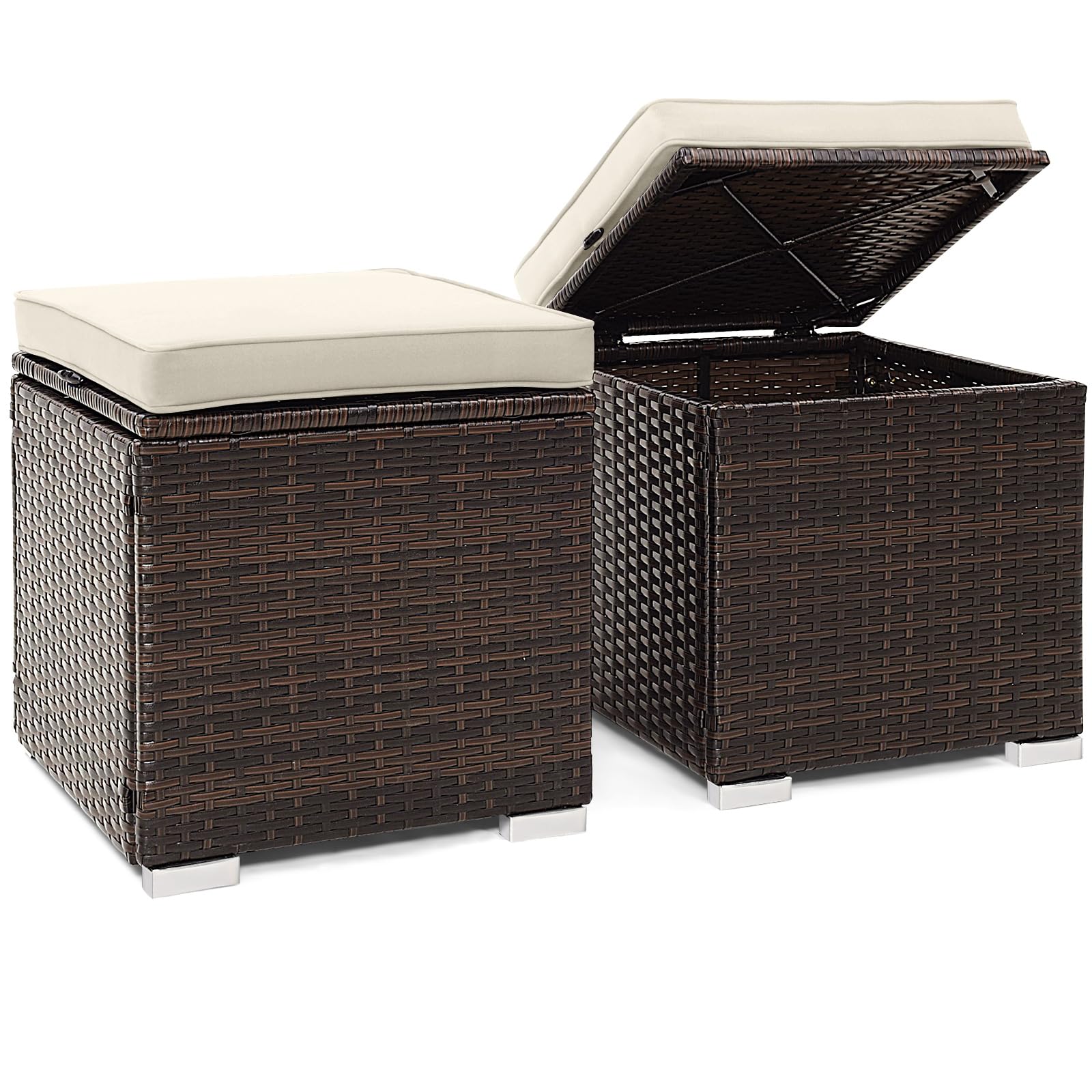 Tangkula 2 Pieces Outdoor Patio Ottoman, All Weather Rattan Wicker Ottoman Seat, Patio Rattan Furniture, Outdoor Footstool Footrest Seat w/Removable Cushions